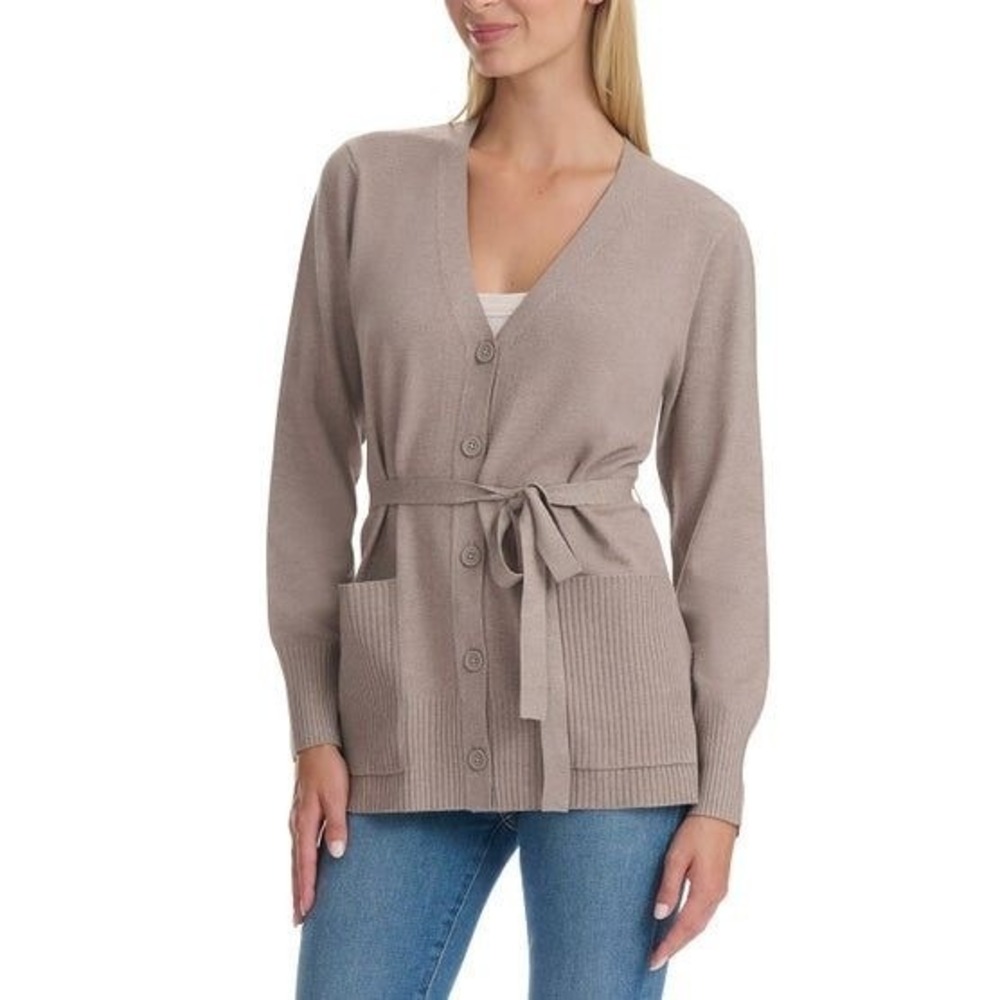 SPLENDID Belted Cardigan Sweater Small Taupe Tan Neutral Brown Button Front NWT